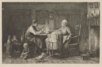 Interior with family eating a meal, Ferdinand Leenhoff, 1841 - 1914