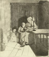 Mother teaching her son, print maker: Louis Bernard Coclers, 1756 - 1817