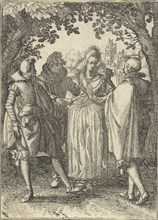 Woman and three men, Claes Jansz. Visscher (II), 1608 - 1610