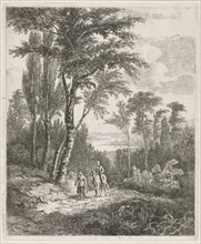 Horseman and woman on a forest path, Hermanus Jan Hendrik van Rijkelijkhuysen, 1823 - 1883