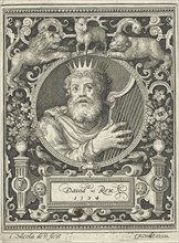 Portrait of King David in medallion inside rectangular frame with ornaments, Nicolaes de Bruyn,