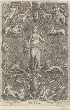 The Earth, in frame of grotesques, Anonymous, Marcus Geraerts, Philips Galle, 1547 - 1612