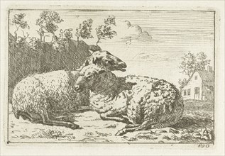 Two sheep lying near fence, M.van Dalen, 1775 - 1799