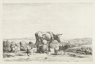 Landscape with Woman milking cow and boy with sheep, Simon van den Berg, 1822 - 1899