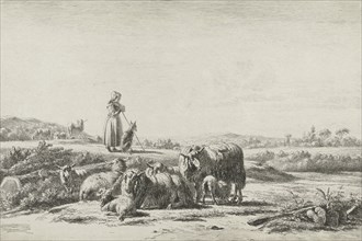 Landscape with shepherd dog with sheep herd, Simon van den Berg, 1822 - 1899