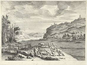 Italian landscape with fishermen, print maker: Willem van de Lande, Adriaen van Nieulandt I, c.