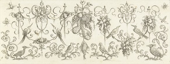 Garlands with fruits and cherubs, print maker: Henry Le Roy attributed to, Michiel le Blon,