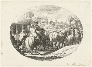 Army and carriages go to a city, Jan van Huchtenburg, Adam Frans van der Meulen, 1674 - 1733