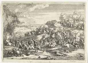 Landscape with a battle, Jan van Huchtenburg, Adam Frans van der Meulen, 1674 - 1733