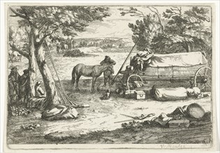 Landscape with cart and figures, Jan van Huchtenburg, Adam Frans van der Meulen, 1674 - 1733