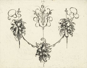 Garland with three bouquets of fruit, Michiel le Blon, print maker: Anonymous, Balthasar Caymox,