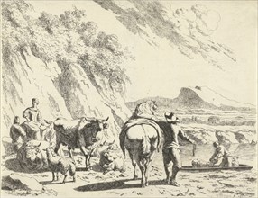 Man with horse and donkey on shepherdess with cattle in hilly landscape, print maker: Abraham Jansz