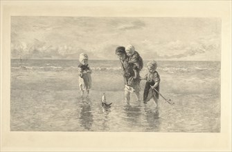 Four children playing with toy boat on the beach in shallow seawater, Carel Lodewijk Dake, A.
