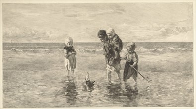 Four children playing with toy boat on the beach in shallow seawater, Carel Lodewijk Dake,