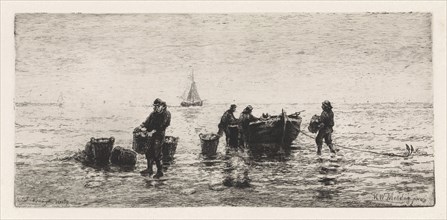 Fishermen catch an empty boat on the beach, Jan Vrolijk, 1860 - 1894