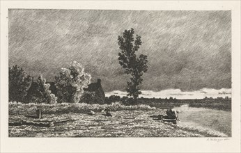 Landscape with a woman who does the laundry, print maker: Alexander Mollinger, 1860