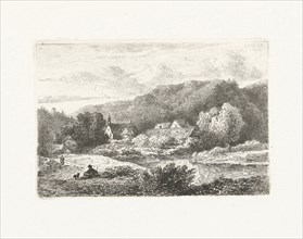 Hill landscape with church and houses, print maker: Pieter Casper Christ, 1864