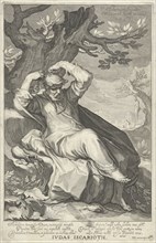 Judas Iscariot hangs himself, print maker: Willem Isaacsz. van Swanenburg, Abraham Bloemaert,