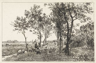 Landscape with Shepherd and flock of sheep, print maker: Julius Jacobus van de Sande Bakhuyzen
