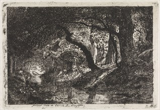 Wooded Landscape with stream and trees on shore, Julius Jacobus van de Sande Bakhuyzen, c. 1845 - c