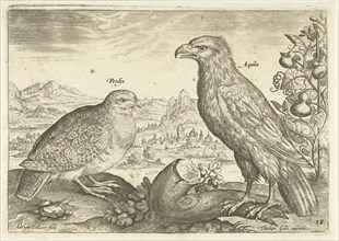 Two birds in a landscape, Adriaen Collaert, 1598 - 1618