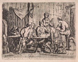 Six farmers and innkeeper in inn, print maker: Cornelis de Wael, 1630 - 1648