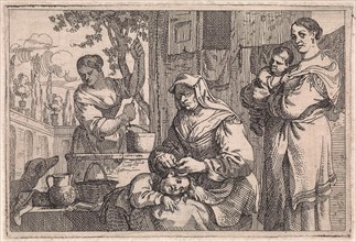 Old woman delouses a child, Jan Baptist de Wael, 1642 - 1669