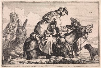 Woman gets on a donkey, Jan Baptist de Wael, 1642 - 1669