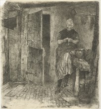 Seated woman peeling potatoes near an door open, Bernardus Johannes Blommers, 1855 - 1914