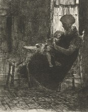 Woman with a sleeping child on her lap asleep near a window, Bernardus Johannes Blommers, 1855 -