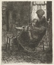 Woman with a sleeping child on her lap asleep near a window, Bernardus Johannes Blommers, 1855-1914