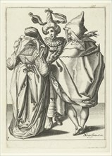 A woman dressed festively, a man in a cape and a masked man who extends his left arm, print maker: