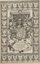 Arms of England, surrounded by weapons, Jodocus Hondius (I), 1614