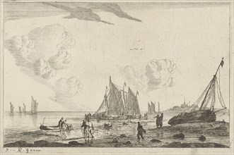 Beach with a sailing ship drawn on the sand, print maker: Reinier Nooms, 1654 - 1658