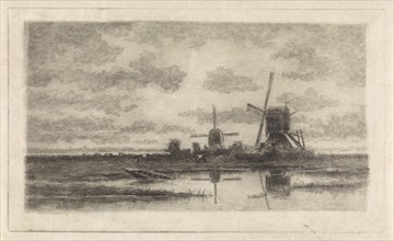 Landscape with two mills at a pond, print maker: Elias Stark, 1859 - 1891
