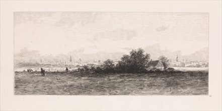 Cityscape with meadows in the foreground, Elias Stark, 1859 - 1891