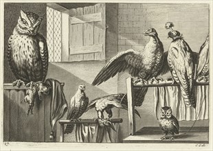 Falcons and owls in a barn, Pieter van Lisebetten, Wenceslaus Hollar, Francis Barlow, 1654 - 1678