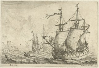 Seascape with several ships at a wharf, Reinier Nooms, 1656-1659