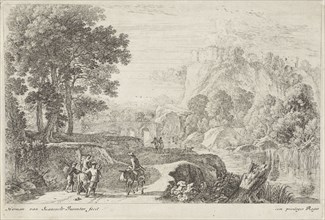 Travellers on a donkey, print maker: Herman van Swanevelt, 1650 - 1705