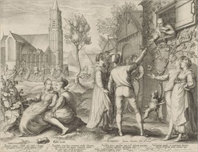 Young couples having fun and ignore the warnings of a scholar, Jan Saenredam, 1596