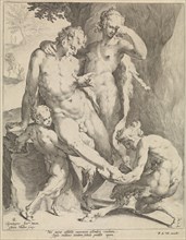 Oreaden removing a thorn from the foot of a satyr, Jan Harmensz. Muller, Frederik de Wit, 1640 -