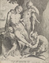 Oreaden removing a thorn from the foot of a satyr, Jan Harmensz. Muller, Clement de Jonghe, Harmen