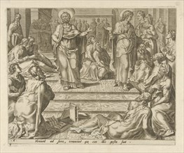 Peter and Johannes among their students, Philips Galle, Hieronymus Cock, 1558