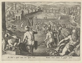 Fishing with landing net, Philips Galle, Jan van der Straet, 1578