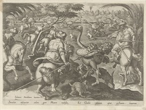 Hunting ostriches, Philips Galle, 1578