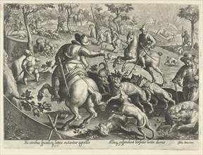 Wolf hunting with spears, Philips Galle, 1578