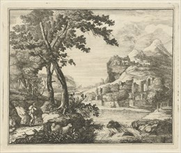 River landscape with man and child walking, Gerard Melder, 1703-1754