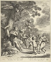 Pan and Syrinx with dancing putti, print maker: Dancker Danckerts, Cornelis Holsteyn, Frederik de