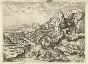 Abraham and Isaac on the road to the place of sacrifice, print maker: Hieronymus Cock, Matthys