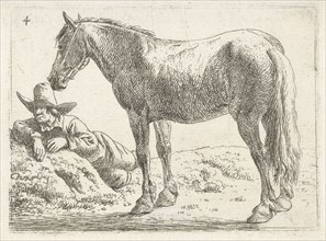 Single horse with its Horseman, print maker: Jan van Aken, Jochem Bormeester, 1624 - 1661 and or